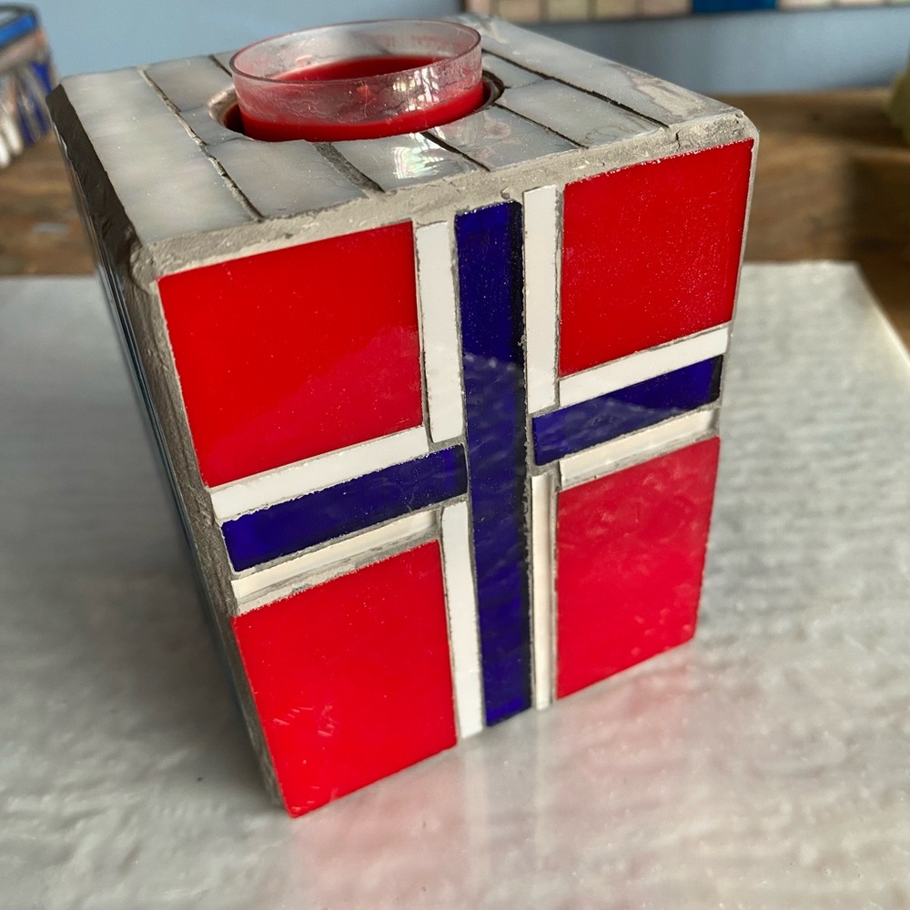 Mosaic Candle Holder with Red and Blue Accents